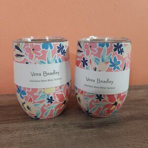 (2) Vera Bradley Stainless Steel Wine Tumblers, 12 oz Rain Forest Lily Coral